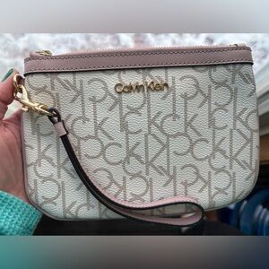 Calvin Klein Cream Logo Wristlet with Pink Trim